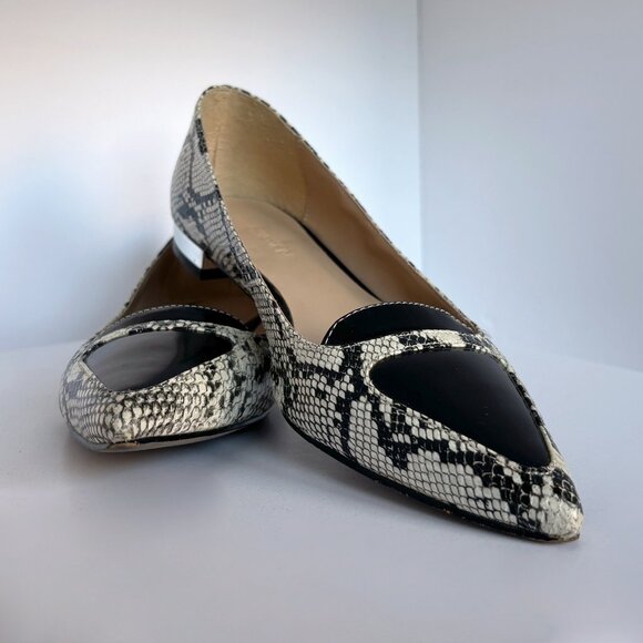 Expression Shoes - Expression Snakeskin Pointed Toe Flats, Black & Off White with Low Heel, sz 6
